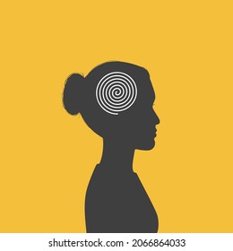 Woman with spiral line in head - metaphor of ordered thoughts, calm mind and mental health.
