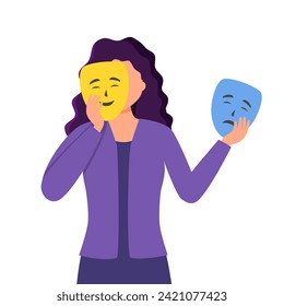 Woman with split dual personality, mood swings. Bipolar disorder and duality, psychology concept. Woman with happy and sad, different masks. 