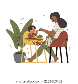 A woman is spoon-feeding a baby sitting in a child seat. Caring for relatives. Single mother. Flat style in vector illustration. 