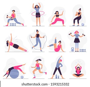 Woman sport activities. Beautiful young woman do fitness activities, female character run and yoga exercises vector illustration set. Sportive ladies working out. Healthy lifestyle, active workout