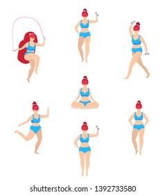 Woman Sport Activities Set. Girl Doing Sports, Yoga Exercise, Jogging, Jumping with Rope, Fitness, Dumbbell Workout, in Different Poses. Cartoon Flat Vector Illustration Isolated on White Background