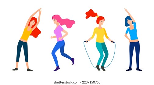 Woman sport activities. Set of women doing sports, running, jogging, jumping rope, fitness. Sport women vector flat illustration isolated on white background in different poses. bright color.