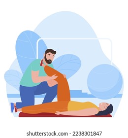 Woman sport activities with trainer gym exercising vector flat illustration. Male fitness instructor lifting female customer leg lying on mat training physical activity. Healthy lifestyle weight loss