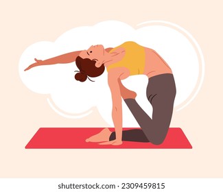 Woman Sport Activity. Female Character in Perfect Physical Shape Fitness, Yoga or Aerobics Exercises at Home. Aerobic Training for Good Feeling and Healthy Life. Cartoon People Vector Illustration