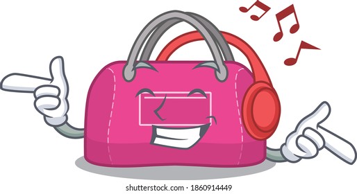 Woman sport bag Cartoon design concept listening music on headphone