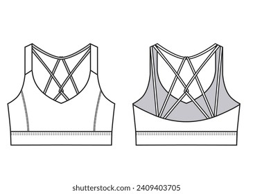 Woman sport bra, activewear woman sports bra flat, sports bra drawing, front and back view, fashion cad, template sports bra vector illustration, CAD, technical drawing, flat drawing