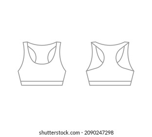 Woman sport bra sketch outline template, crop top for active. Girl  wear tank top. Technical mockup bra in front and back view. Vector flat Illustration