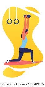 Woman in Sport Clothes Lifts Up Dumbbells in Gym. Women with Dumbbells Doing Squats at Gym. Sports Training for Women. Sports Suit. Do Sport. Vector Illustration. Healthy Lifestyle. Athlete Body.