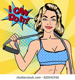 Woman with Sport Equipment. Fitness Girl. Healthy Lifestyle. Pop Art. Vector illustration