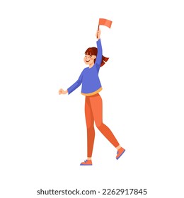 Woman Sport Fan Character with Flag Supporting Team Cheering at Stadium Vector Illustration