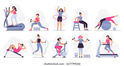 Woman at sport gym. Vector illustration set. Female run on treadmill, equipment for fitness in gym, workout people, training exercise collection - Shutterstock ID 1677799246