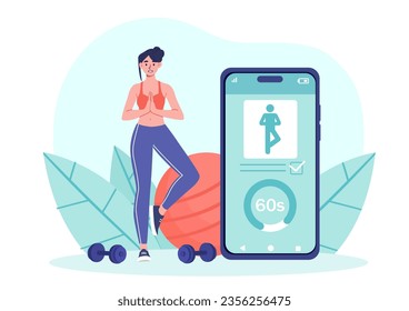 Woman with sport online concept. Young girl doing yoga and stretching. Distance fitness coach. Workout at home. Sportswoman with fitball and dumbbells. Cartoon flat vector illustration