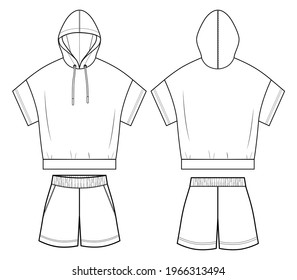 Woman sport wear set in vector graphic Volume hoodie t shirt and short sleeves   cords   woman shorts and front pockets Fashion isolated  illustration template Scheme front   back views 
