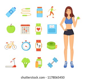 Woman sportive female isolated icons set. Lady with apple and broccoli, bottle of water and bcaa vitamins. Treadmill and wristbands, dumbbells vector