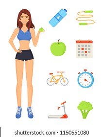 Woman Sportive Lady Isolated Icons Vector. Sportswoman With Water Bottle, Jumping Rope And Apple. Workout Plan On Calendar And Treadmill Running Track