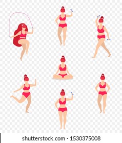 Woman Sports Activities Set. Girl Sport Workout Full Body Fitness, Yoga Exercises with Dumbbells, Jumping Rope Isolated. Weight Loss Plus Size Sportswoman Cartoon Flat Vector Illustration, Clip art