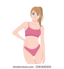 Woman in a sports bra and underwear, embracing natural beauty, confidence, and self care. Flat vector Character Illustration