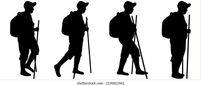 A Woman In A Sports Cap, A Backpack Behind Her Back, Shorts, A Walking Stick In Her Hands. An Older Woman Is Hiking. Hiking. Side View, Profile. Black Female Silhouettes Isolated On White Background.