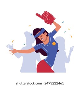 Woman sports fan cheerful character celebrating goal, vector illustration.