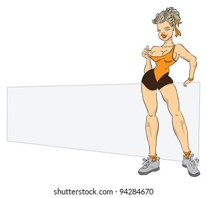 A woman with a sports figure on the background of the poster. Message to a fitness club. Vector illustration.