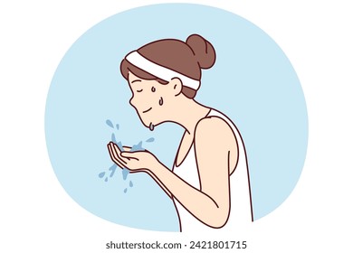 Woman with sports headband on hair holds water in palms wanting to wash face after fitness or morning jogging. Girl in T-shirt with drops of sweat on face after athletic exercises. Flat vector image