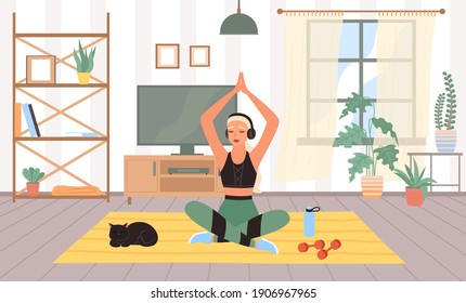 Woman sports in room. Meditation in lotus position, slim female doing physical exercises in house gym interior, home fitness workout with sport equipment, yoga lifestyle. Vector cartoon flat concept