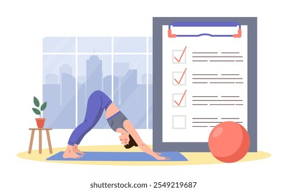 Woman with sports schedule. Young girl stretching in apartment. Regular fitness and workout. Active lifestyle and sports. Flat vector illustration isolated on white background