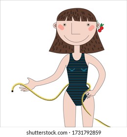  woman in a sports swimsuit with a measuring tape in her hands