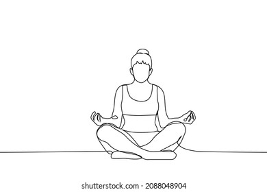 woman in sports top and leggings sits in lotus position with bun of hair on her head - one line drawing vector. alone exercise concept, meditation process