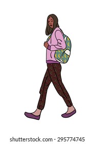 woman in sportswear with a backpack. patterns of cherry and banana