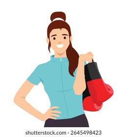 Woman in sportswear confidently holding a pair of red boxing gloves over her shoulder. Flat vector illustration isolated on white background