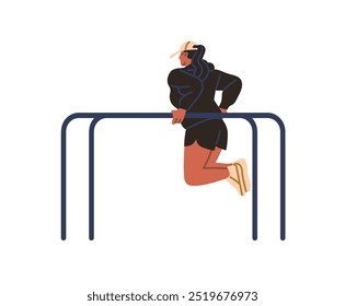 Mujer en ropa deportiva hace ejercicio en barras paralelas. Deportista hace ejercicio en la calle. Deportista entrenando fuerza con equipo en terreno deportivo. Ilustración vectorial aislada plana en blanco