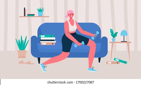 Woman in sportswear doing lunges with dumbbells at home. Woman doing workout indoor. Woman activities. Sport Healthy lifestyle, Fitness , Wellness Concept. Cartoon flat vector illustration.