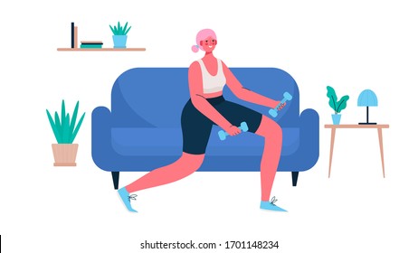 Woman in sportswear doing lunges with dumbbells at home. Woman doing workout indoor. Woman activities. Sport Healthy lifestyle, Fitness , Wellness Concept. Cartoon flat vector illustration.