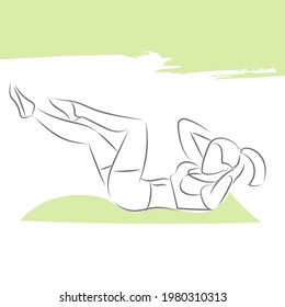 A woman in sportswear is doing lying exercise. Torso press, legs. Sketchy art lines on a white background.