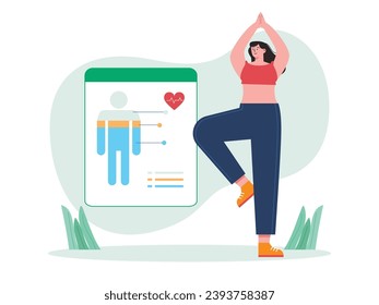 Woman in sportswear is doing yoga, relaxing and enjoying a healthy lifestyle. Character design. Vector flat illustration