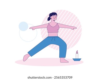 Woman in sportswear doing yoga, with relaxing aroma candles in the room. Character design. Vector flat illustration