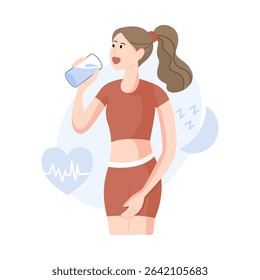 Woman in sportswear drinking water, with heart rate and sleep icons. Perfect for health, wellness, and self-care themes.