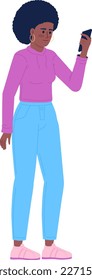 Woman in sportswear holding smartphone semi flat color vector character. Editable figure. Full body person on white. Simple cartoon style spot illustration for web graphic design and animation