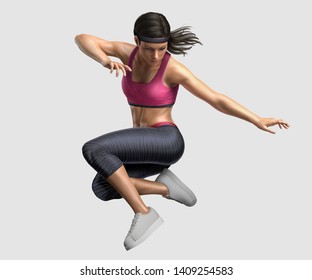 Woman in sportswear jumping in the air, 3d illustration