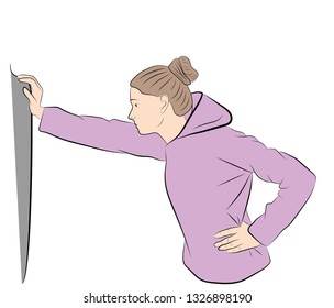 woman in sportswear. is leaning against the wall. vector illustration.