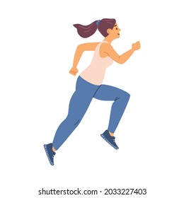 Woman in sportswear running marathon or runner athlete training. Active female character jogging, doing sport exercises. Flat cartoon vector illustration isolated on white.