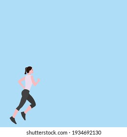 woman in sportswear runs on light blue background