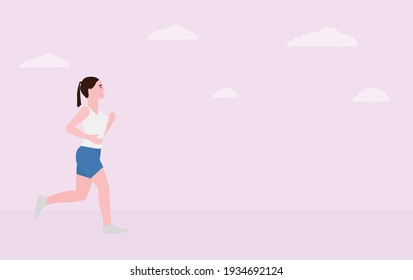 woman in sportswear runs on lilac background with clouds