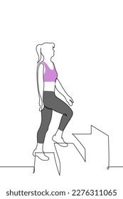 mujer con ropa deportiva y zapatos sube escaleras - un vector de dibujo de una línea. atleta conceptual en una escalera de simulador, una cinta de correr en forma de escalera