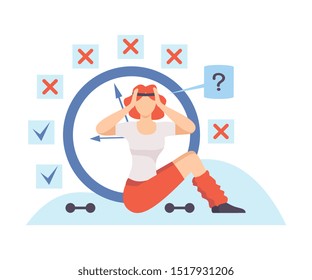 Woman in sportswear is sitting and holding on to her head. Vector illustration.