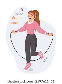 A woman in sportswear is skipping rope, tracking her progress with fitness indicators. She is smiling and engaged in an active workout. Flat vector illustration