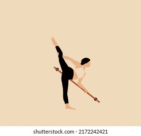 Woman in sportswear stretching legs near the ballet barre before dancing. Cartoon flat vector illustration.