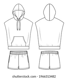 Woman sportwear set in vector graphic 
Volume sleeveless hoodie and pocket   cords   woman cut knit shorts and front pockets Fashion isolated  illustration template Scheme front   back views