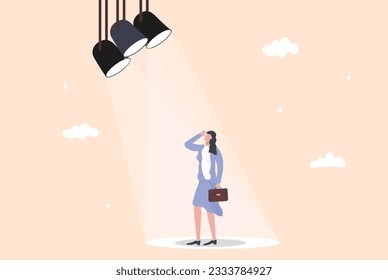 Woman in spotlight. Employer choosing best professional in group of candidates, Success candidate for job vacancy. Job interveiw. Giving hand to woman under spotlight. 